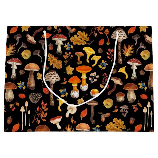 Wilde paddenstoelen op zwart groot cadeauzakje (Voorkant)