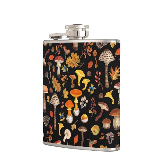 Wilde paddenstoelen op zwart heupfles (Links)