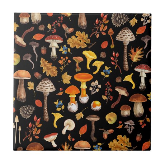 Wilde paddenstoelen op zwart tegeltje (Voorkant)