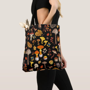 Wilde paddenstoelen op zwart tote bag