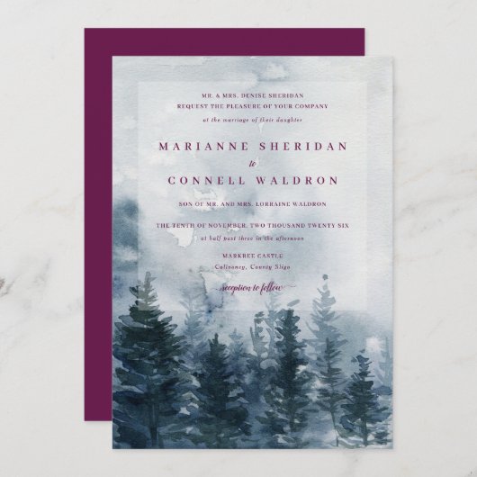 Wilde Pijnen | Navy + Berry Wedding Invitation Kaart (Voorkant / Achterkant)