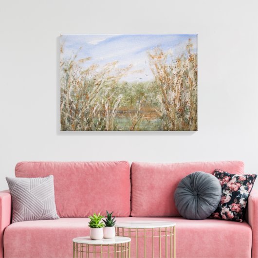 Wilde rand van een Natuurlijke Pond Waterverf Druk Canvas Afdruk (Insitu (Woonkamer))