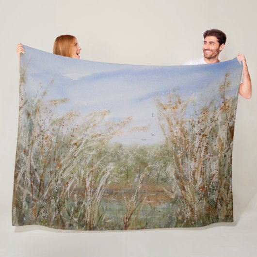 Wilde rand van een Natuurlijke Pond Waterverf Druk Fleece Deken (In situ)