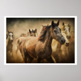 Wilde rennende paarden: Westerse rustieke wildkuns Poster