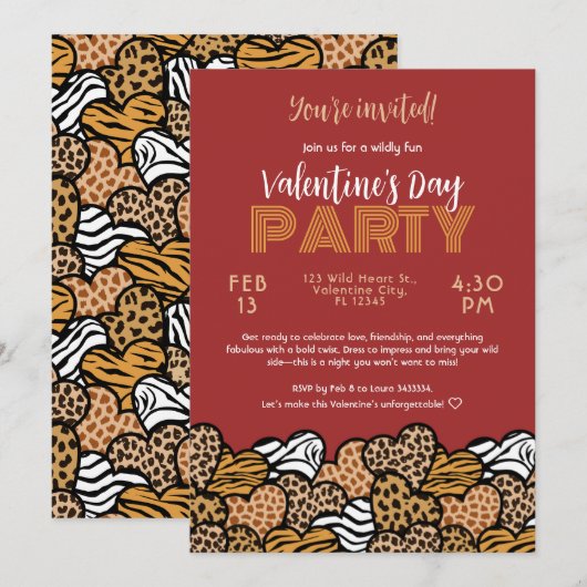 Wilde Rode Dierenprint Hart Valentijnsdag Feestje Kaart (Voorkant / Achterkant)