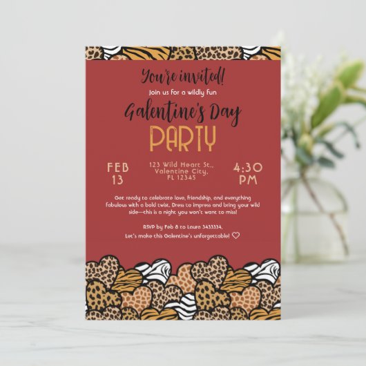 Wilde rode dierprint hart Galentine's Day-feest Kaart (Staand voorkant)