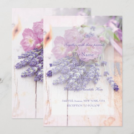 Wilde Roos en lavender Summer Flower Wedding Kaart (Voorkant / Achterkant)