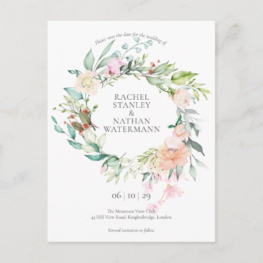 Wilde Roos Waterverf Garland Bewaar datum Briefkaart (Voorkant)