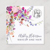 Wilde roze bloemblauw oranje logo make-up vierkante visitekaartje (Voorkant)