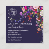 Wilde roze bloemblauw oranje logo make-up vierkante visitekaartje (Achterkant)