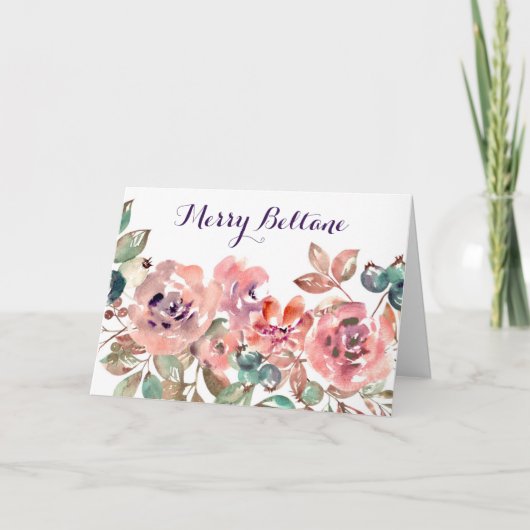 Wilde Roze Bloemen & Berry Waterverf Beltane Feestdagen Kaart (Voorkant)