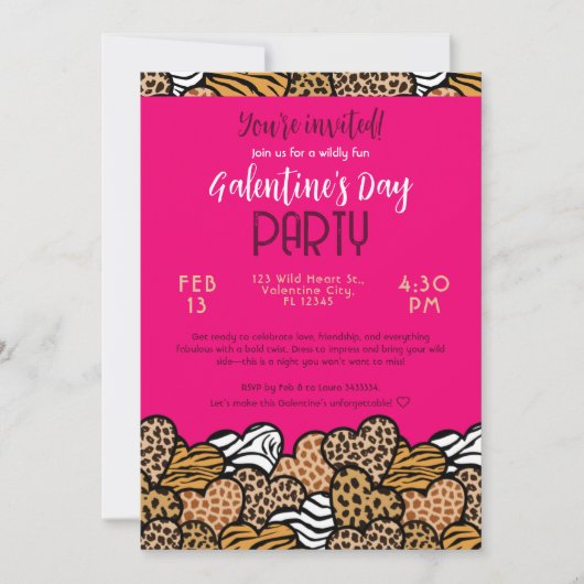 Wilde Roze Dierenprint Hart Galentine's Day Party Kaart (Voorkant)