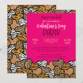 Wilde Roze Dierenprint Hart Galentine's Day Party Kaart (Voorkant / Achterkant)