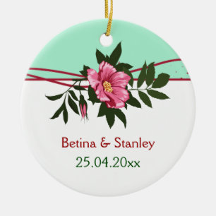 Wilde roze roos bloemen bruiloft mint groene keeps keramisch ornament