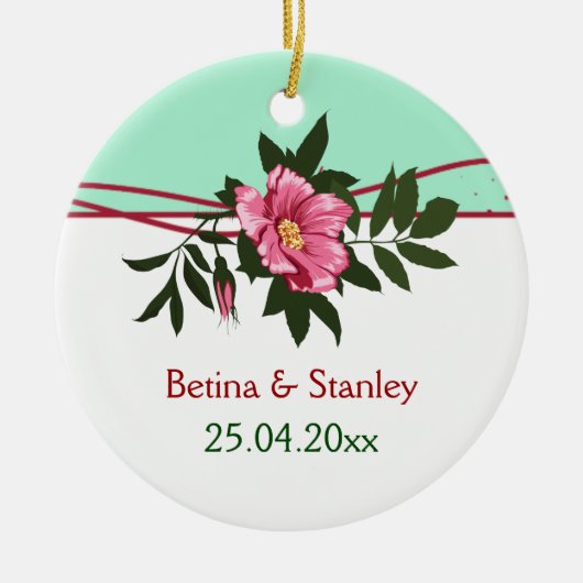 Wilde roze roos bloemen bruiloft mint groene keeps keramisch ornament (Voorkant)