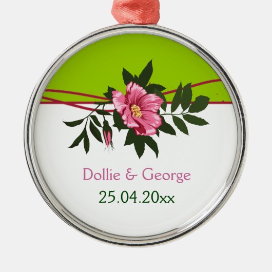 Wilde roze roos bloemige trouw lime groene aandenk metalen ornament (Voorkant)