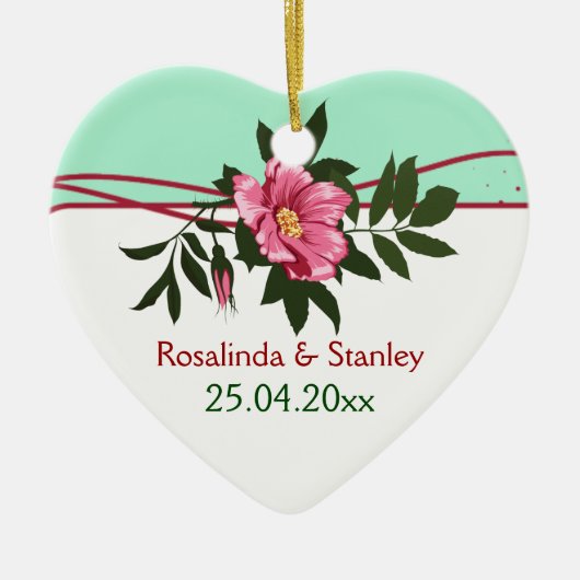 Wilde roze roos bloemige trouw mintgroene aandenke keramisch ornament (Voorkant)