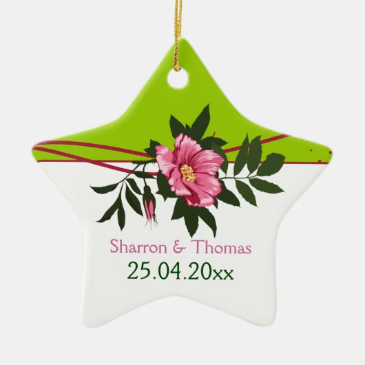 Wilde roze roos bloemige trouw mintgroene aandenke keramisch ornament (Voorkant)