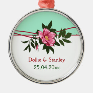 Wilde roze roos bloemige trouw mintgroene aandenke metalen ornament