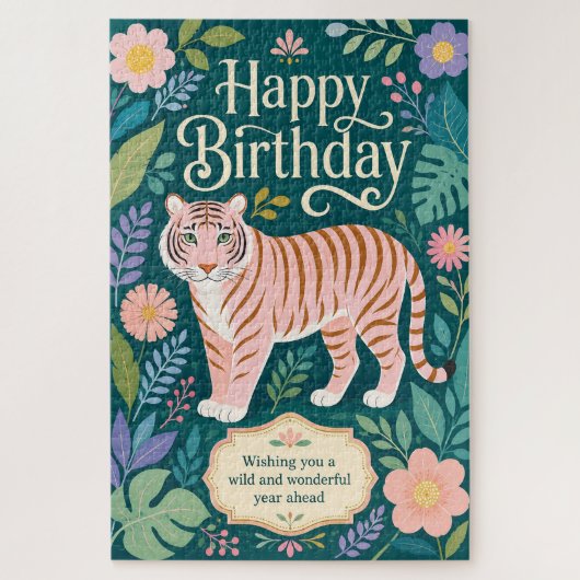 Wilde Roze Tijger Verjaardagsavontuur Legpuzzel (Verticaal)