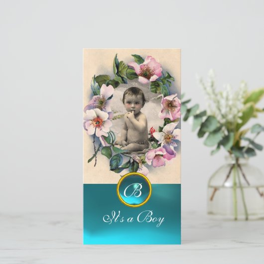 WILDE ROZEN EN AQUA BLUE GEM MONOGRAM AANKONDIGING (Staand voorkant)