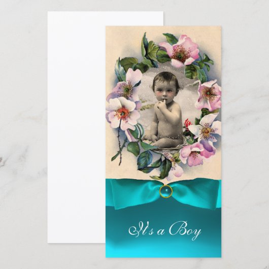 WILDE ROZEN EN BLAUW LINT BABY SHOWER AANKONDIGING (Voorkant / Achterkant)