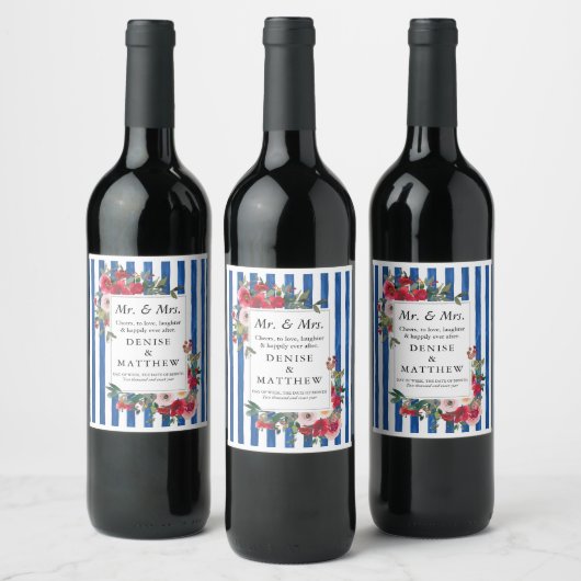 Wilde Rozen en Blauwe Iolite Stripe Wine Label Wijn Etiket (Flessen)
