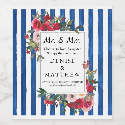 Wilde Rozen en Blauwe Iolite Stripe Wine Label Wijn Etiket (Enkel label)