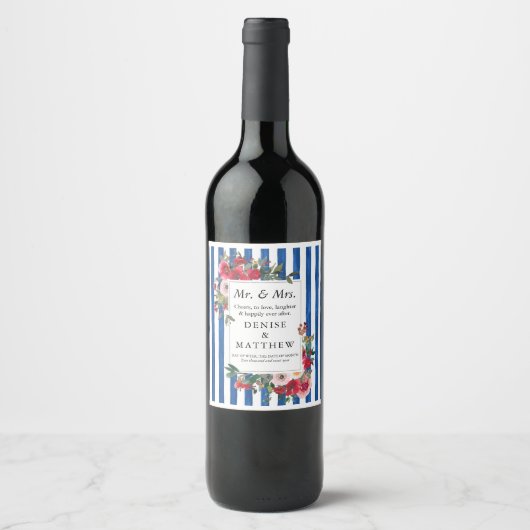 Wilde Rozen en Blauwe Iolite Stripe Wine Label Wijn Etiket (Voorkant)