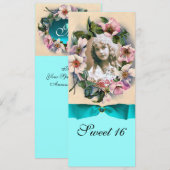 WILDE ROZEN EN BLAUWE LINT FOTO SJABLOON MONOGRAM KAART (Voorkant / Achterkant)