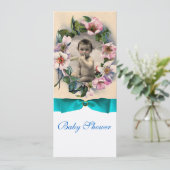 WILDE ROZEN EN BLAUWE RIBBON FOTO-MONOGRAM KAART (Staand voorkant)