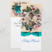 WILDE ROZEN EN BLAUWE RIBBON FOTO-MONOGRAM KAART (Voorkant / Achterkant)
