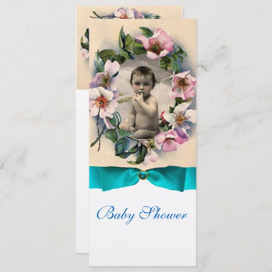 WILDE ROZEN EN BLAUWE RIBBON FOTO-MONOGRAM KAART (Voorkant / Achterkant)