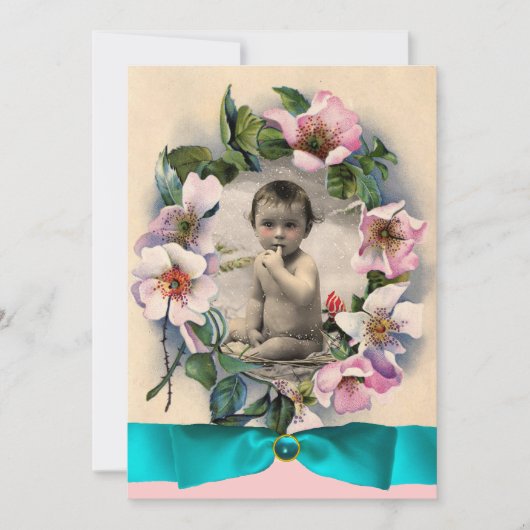 WILDE ROZEN EN BLAUWE RIBBON FOTO-MONOGRAM KAART (Voorkant)