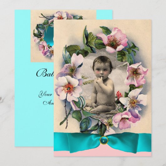 WILDE ROZEN EN BLAUWE RIBBON FOTO-MONOGRAM KAART (Voorkant / Achterkant)