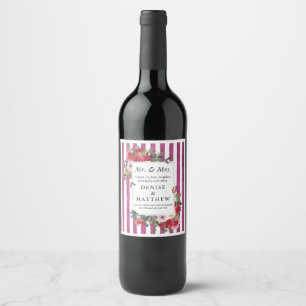 Wilde Rozen en Bonbon Roze stripe Wine Label Wijn Etiket