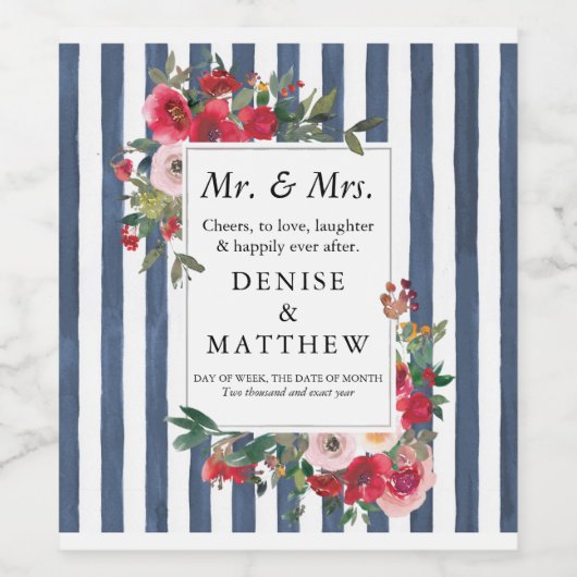 Wilde Rozen en Donkere denim stripe Wine Label Wijn Etiket (Enkel label)