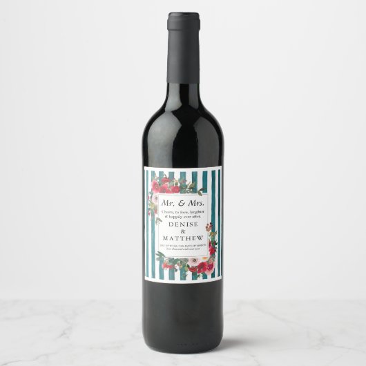 Wilde Rozen en Harbour Blue Stripe Wine Label Wijn Etiket (Voorkant)
