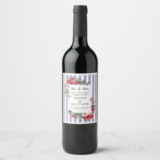 Wilde Rozen en Perzisch Violet Stripe Wijn Label Etiket (Voorkant)