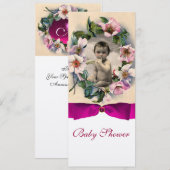 WILDE ROZEN EN PINK BOW BABY SHOWER FOTO TEMPLATE KAART (Voorkant / Achterkant)
