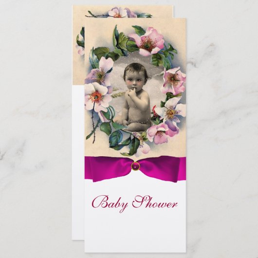 WILDE ROZEN EN PINK BOW BABY SHOWER FOTO TEMPLATE KAART (Voorkant / Achterkant)