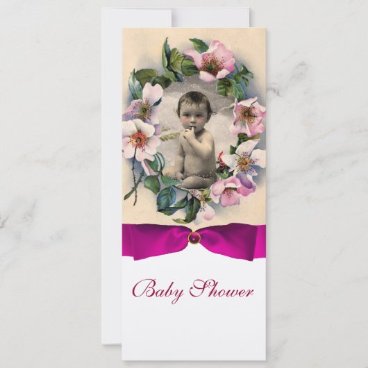 WILDE ROZEN EN PINK BOW BABY SHOWER FOTO TEMPLATE KAART (Voorkant)