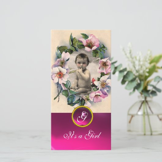 WILDE ROZEN EN PINK GEMSTONE MONOGRAM AANKONDIGING (Staand voorkant)