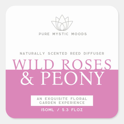 Wilde rozen en pioenroze riet diffuser label (Voorkant)