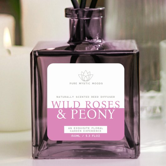 Wilde rozen en pioenroze riet diffuser label