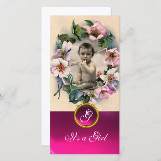 WILDE ROZEN EN ROZE EDELSTEEN  MONOGRAM AANKONDIGING (Voorkant / Achterkant)