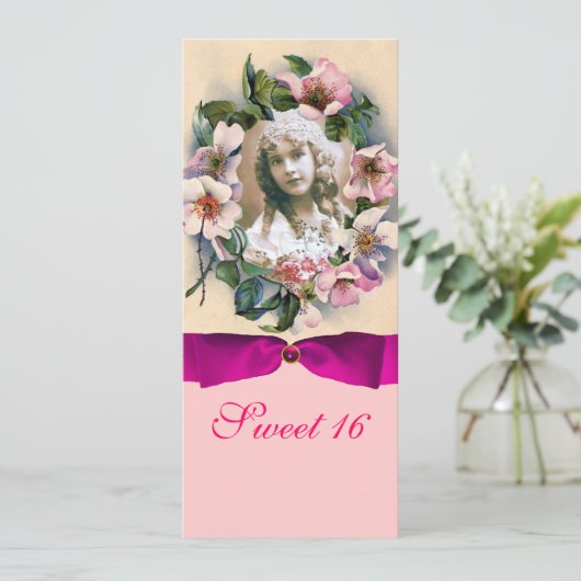 WILDE ROZEN EN ROZE LINT FOTO SJABLOON MONOGRAM KAART (Staand voorkant)