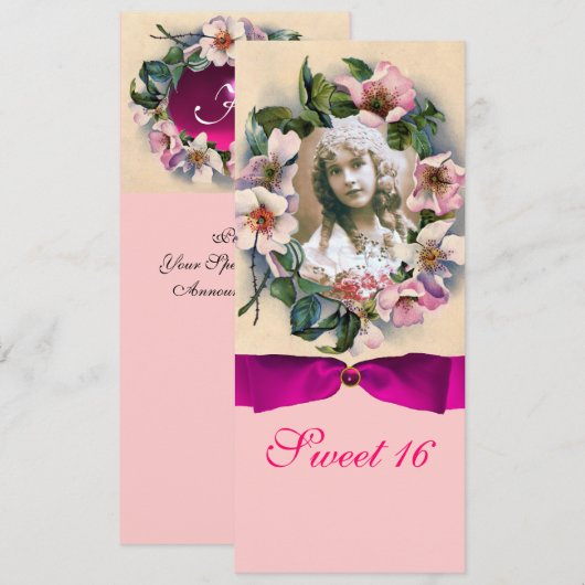 WILDE ROZEN EN ROZE LINT FOTO SJABLOON MONOGRAM KAART (Voorkant / Achterkant)