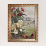 Wilde Rozen en Rustieke Scène Legpuzzel<br><div class="desc">Nostalgische  bloemenlithografie met prachtige spray van rode en witte wilde rozen met rustieke landscène op achtergrond in  verguld lijst.</div>