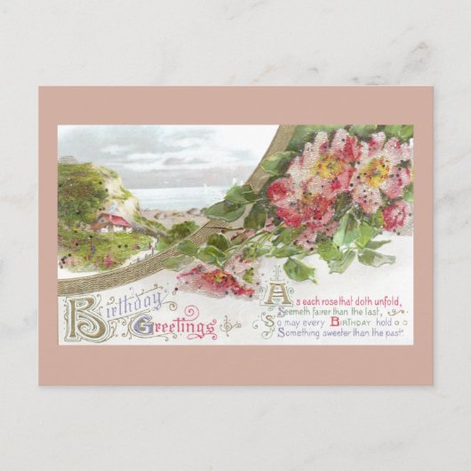 Wilde Rozen en vignet verjaardag Briefkaart (Voorkant)